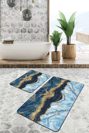 Mavi Lacivert Mermer Tasarımlı Dijital Baskılı 2li Banyo Halısı Takımı Kaymaz Taban Yıkanabilir Bonvagon