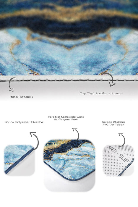 Mavi Lacivert Mermer Tasarımlı Dijital Baskılı 2li Banyo Halısı Takımı Kaymaz Taban Yıkanabilir Bonvagon