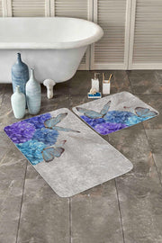 Mavi Ortanca Çiçeği Kelebek Motifli 2li Banyo Halısı Takımı Kaymaz Taban Yıkanabilir Bonvagon