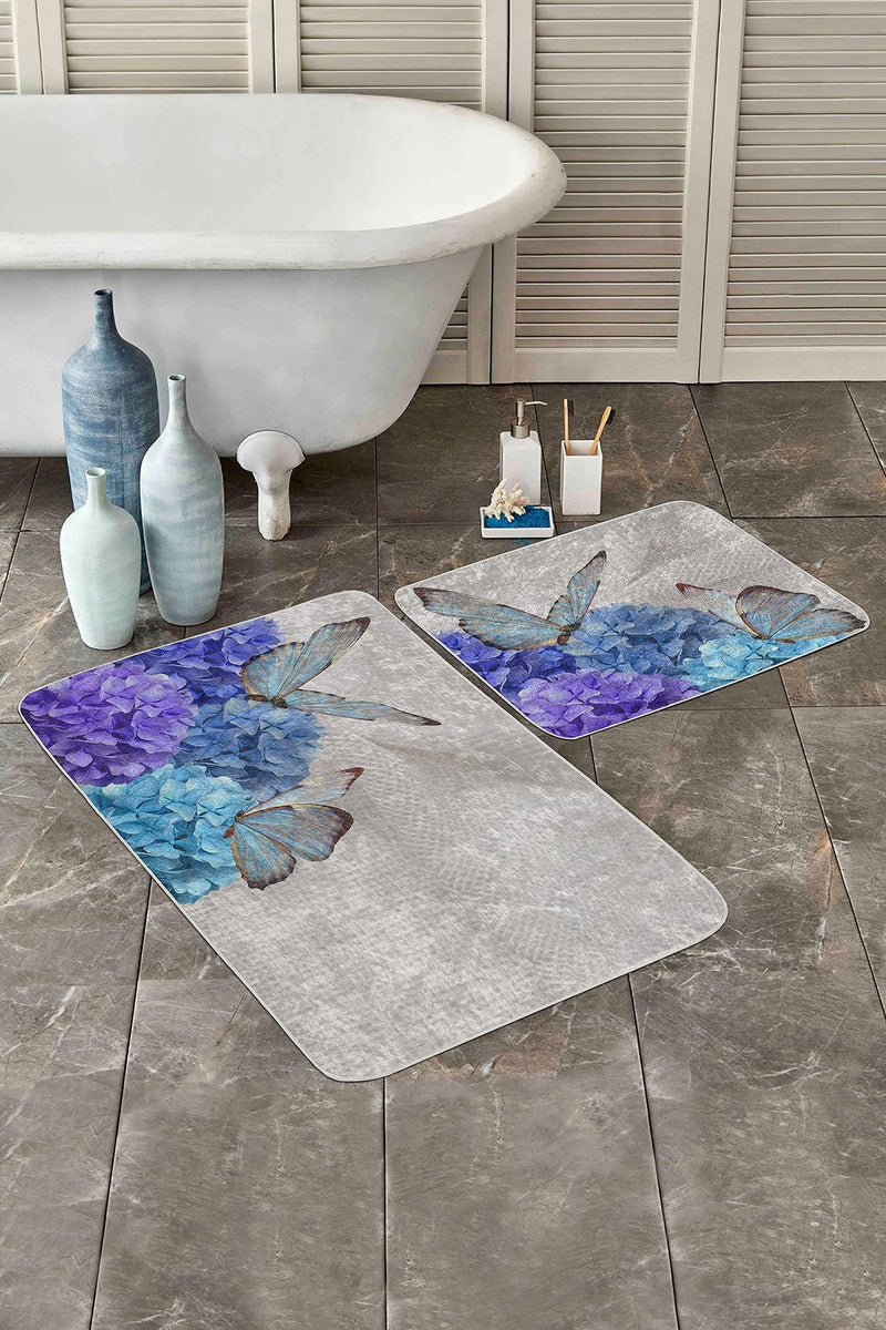Mavi Ortanca Çiçeği Kelebek Motifli 2li Banyo Halısı Takımı Kaymaz Taban Yıkanabilir Bonvagon