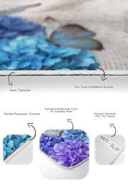 Mavi Ortanca Çiçeği Kelebek Motifli 2li Banyo Halısı Takımı Kaymaz Taban Yıkanabilir Bonvagon