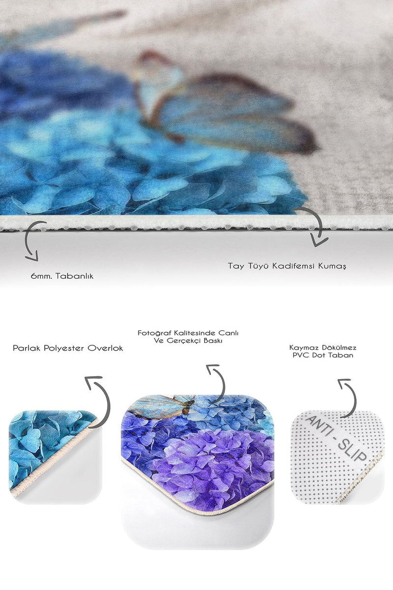 Mavi Ortanca Çiçeği Kelebek Motifli 2li Banyo Halısı Takımı Kaymaz Taban Yıkanabilir Bonvagon