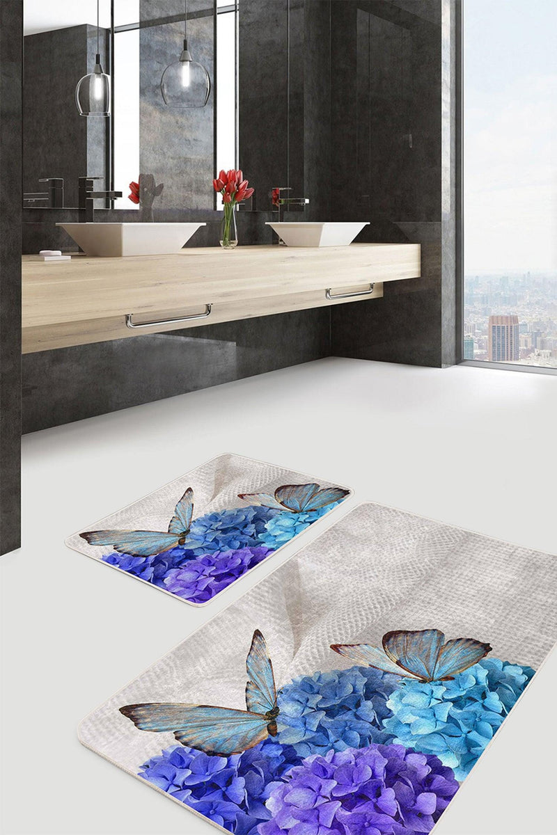 Mavi Ortanca Çiçeği Kelebek Motifli 2li Banyo Paspas ve Halısı Takımı Kaymaz Taban Yıkanabilir