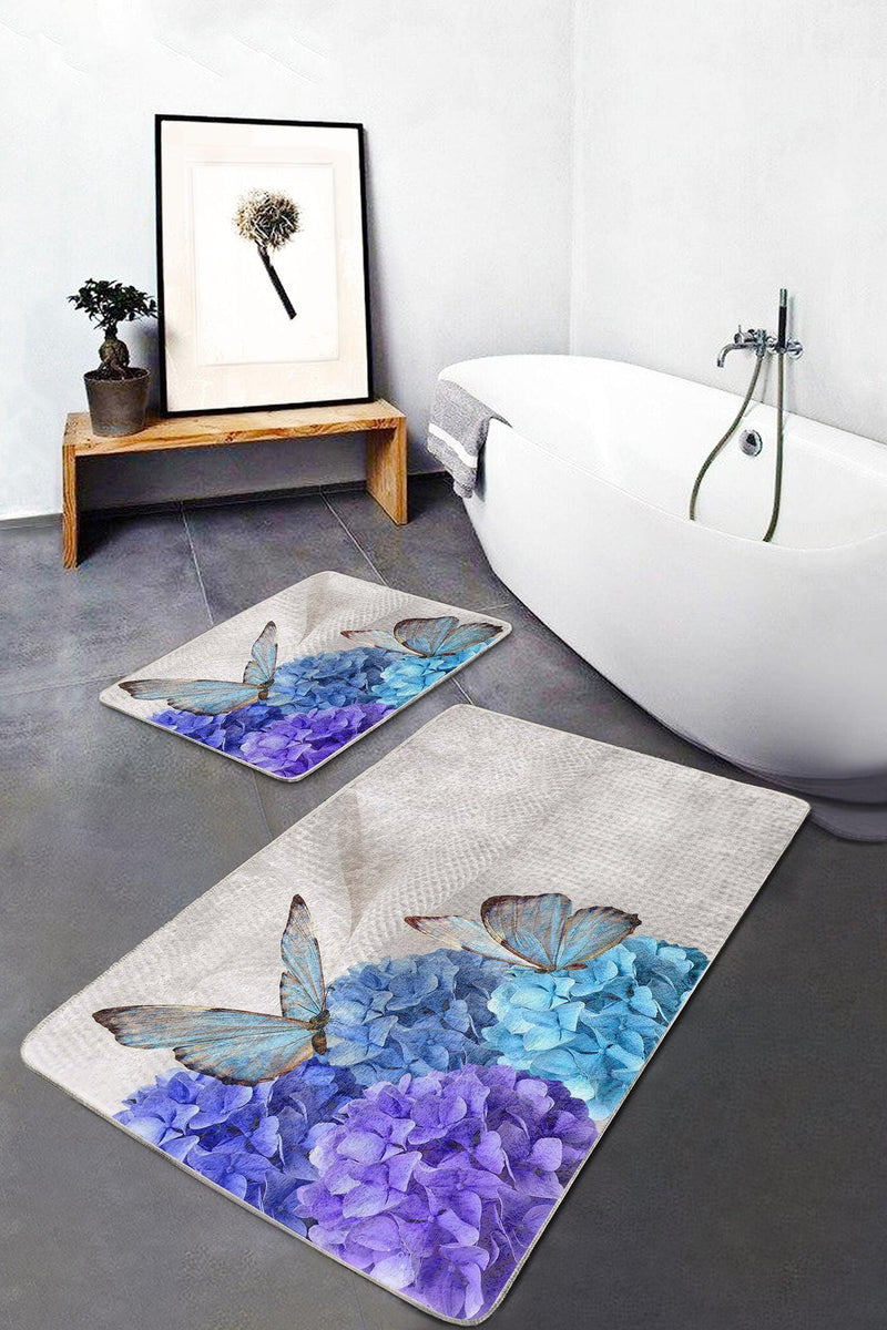 Mavi Ortanca Çiçeği Kelebek Motifli 2li Banyo Paspas ve Halısı Takımı Kaymaz Taban Yıkanabilir