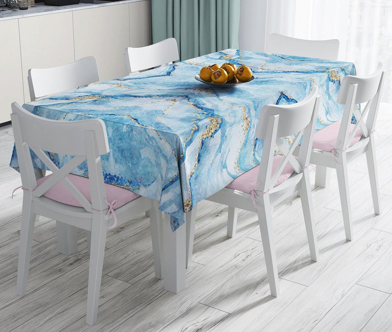 Mavi Renkli Mermer Desenli Dijital Baskılı Leke Tutmaz Masa Örtüsü Bonvagon