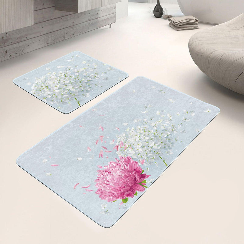 Mavi Zemin Ortanca Çiçekleri Dijital Baskılı 2li Banyo Halısı Takımı Kaymaz Taban Yıkanabilir Bonvagon