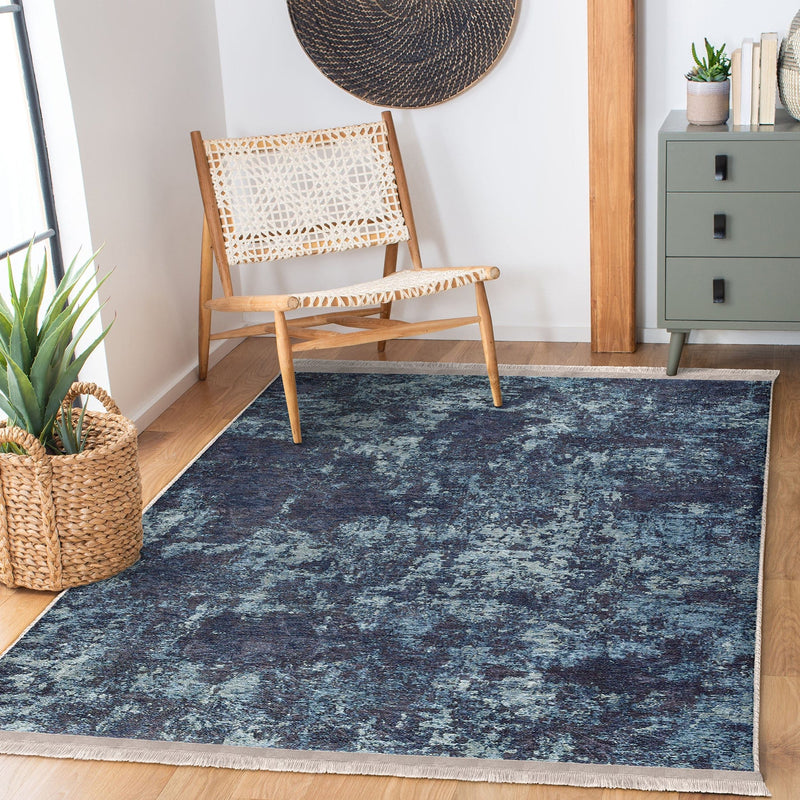 Mavi Zeminde Antika Motifli Eskitme Desenli Dijital Baskılı Makinede Yıkanabilir Kaymaz Taban Saçaklı Halı Bonvagon