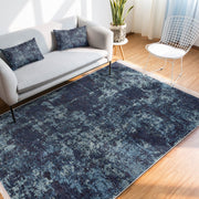 Mavi Zeminde Antika Motifli Eskitme Desenli Dijital Baskılı Makinede Yıkanabilir Kaymaz Taban Saçaklı Halı Bonvagon