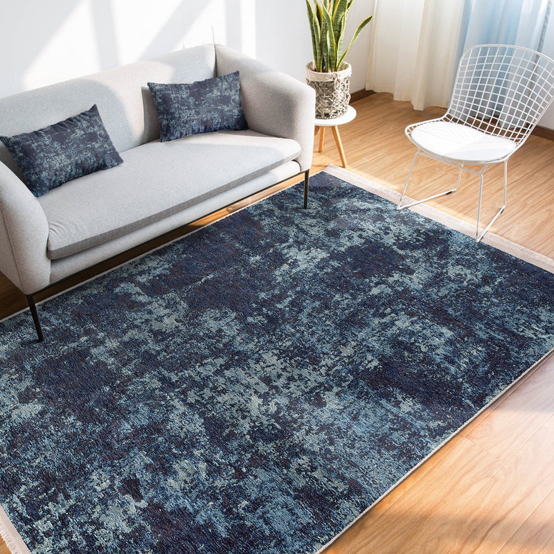 Mavi Zeminde Antika Motifli Eskitme Desenli Dijital Baskılı Makinede Yıkanabilir Kaymaz Taban Saçaklı Halı Bonvagon