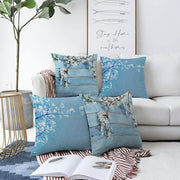 Mavi Zeminde Dal ve Çiçek Tasarımlı 4'Lü Çift Taraflı Şönil Kırlent Kılıf Seti Bonvagon