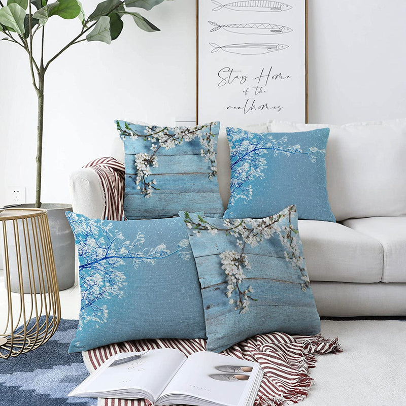 Mavi Zeminde Dal ve Çiçek Tasarımlı 4'Lü Çift Taraflı Şönil Kırlent Kılıf Seti Bonvagon