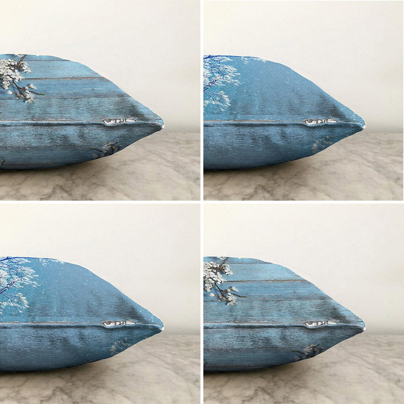 Mavi Zeminde Dal ve Çiçek Tasarımlı 4'Lü Çift Taraflı Şönil Kırlent Kılıf Seti Bonvagon