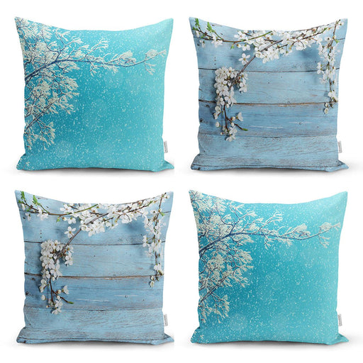 Mavi Zeminde Dal ve Çiçek Tasarımlı 4lü Kırlent Kılıf Seti Bonvagon