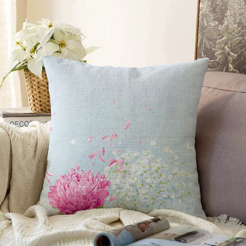 Mavi Zeminde Fuşya Beyaz Ortanca Çiçeği Dijital Baskılı Raşel Kadife Kırlent Kılıfı Bonvagon