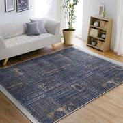 Mavi Zeminde Hereke Motifli Dijital Baskılı Makinede Yıkanabilir Kaymaz Taban Saçaklı Halı Bonvagon