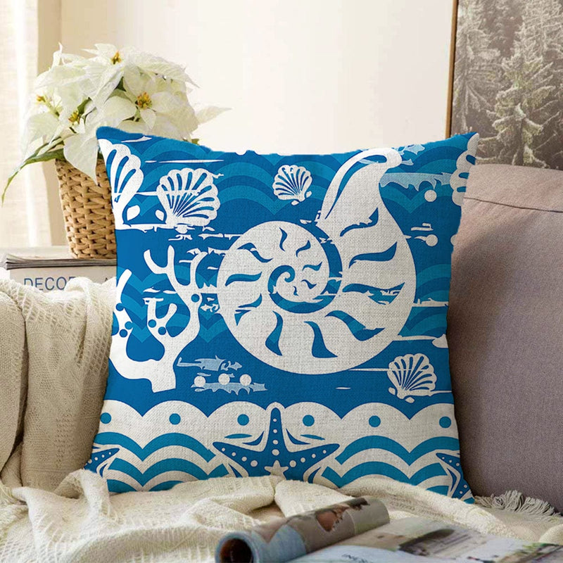 Mavi Zeminli Deniz Feneri Desenli Dijital Baskılı Modern Raşel Kadife Yastık Kırlent Kılıfı Bonvagon