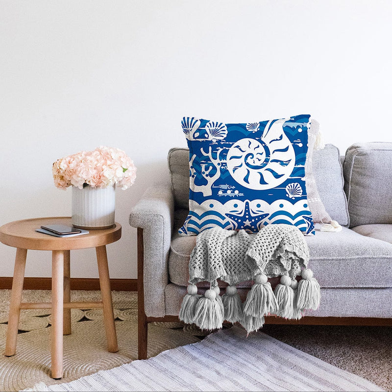Mavi Zeminli Deniz Feneri Desenli Dijital Baskılı Modern Raşel Kadife Yastık Kırlent Kılıfı Bonvagon