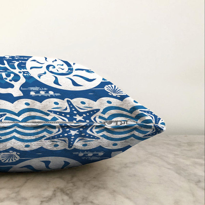 Mavi Zeminli Deniz Feneri Desenli Dijital Baskılı Modern Raşel Kadife Yastık Kırlent Kılıfı Bonvagon