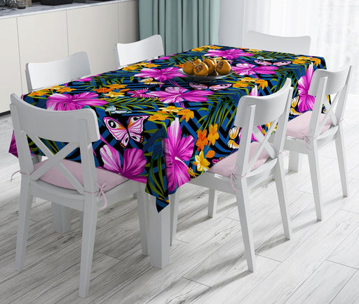 Mavi Zeminli Geometrik Çiçekler Modern Tasarımlı Leke Tutmaz Masa Örtüsü Bonvagon