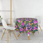 Mavi Zeminli Geometrik Çiçekler Modern Tasarımlı Leke Tutmaz Masa Örtüsü Bonvagon