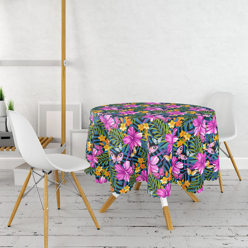 Mavi Zeminli Geometrik Çiçekler Modern Tasarımlı Leke Tutmaz Yuvarlak Masa Örtüsü Bonvagon