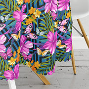 Mavi Zeminli Geometrik Çiçekler Modern Tasarımlı Leke Tutmaz Yuvarlak Masa Örtüsü Bonvagon