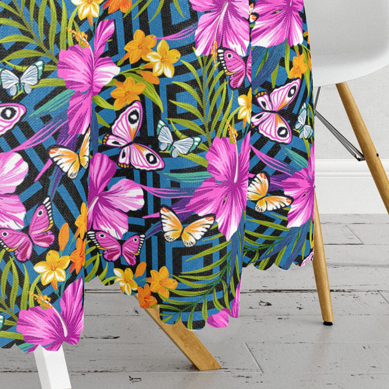 Mavi Zeminli Geometrik Çiçekler Modern Tasarımlı Leke Tutmaz Yuvarlak Masa Örtüsü Bonvagon