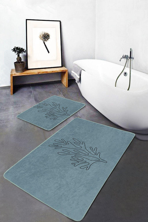 Mavi Zeminli Online Çiçek Desenli 2li Banyo Paspas ve Halısı Takımı Kaymaz Taban Yıkanabilir