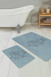 Mavi Zeminli Online Çiçek Desenli 2li Banyo Paspas ve Halısı Takımı Kaymaz Taban Yıkanabilir