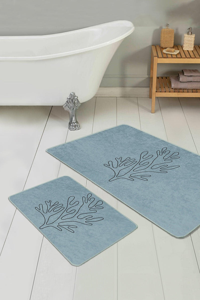 Mavi Zeminli Online Çiçek Desenli 2li Banyo Paspas ve Halısı Takımı Kaymaz Taban Yıkanabilir