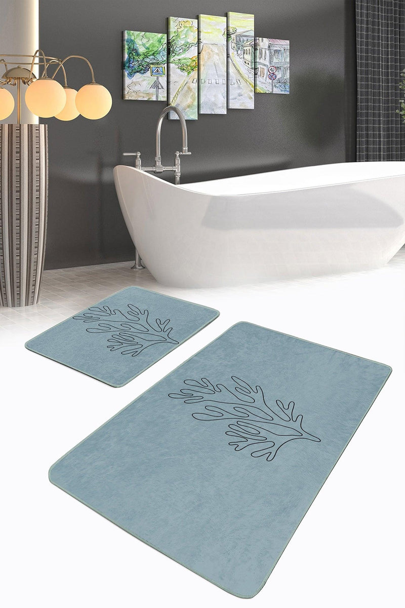 Mavi Zeminli Online Çiçek Desenli 2li Banyo Paspas ve Halısı Takımı Kaymaz Taban Yıkanabilir
