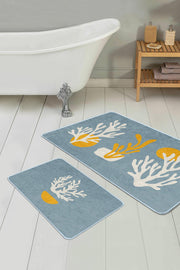 Mavi Zeminli Yosun Tasarımlı 2li Banyo Halısı Takımı Kaymaz Taban Yıkanabilir Bonvagon