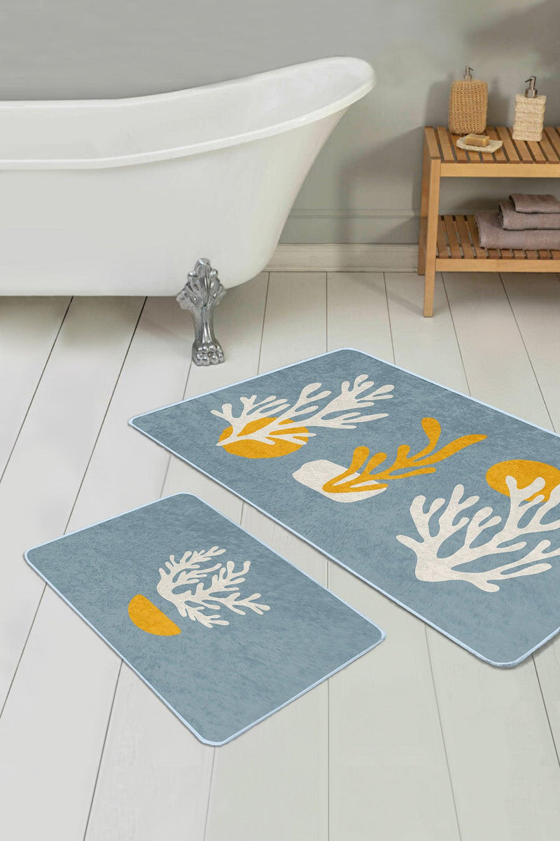 Mavi Zeminli Yosun Tasarımlı 2li Banyo Halısı Takımı Kaymaz Taban Yıkanabilir Bonvagon