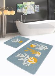 Mavi Zeminli Yosun Tasarımlı 2li Banyo Halısı Takımı Kaymaz Taban Yıkanabilir Bonvagon
