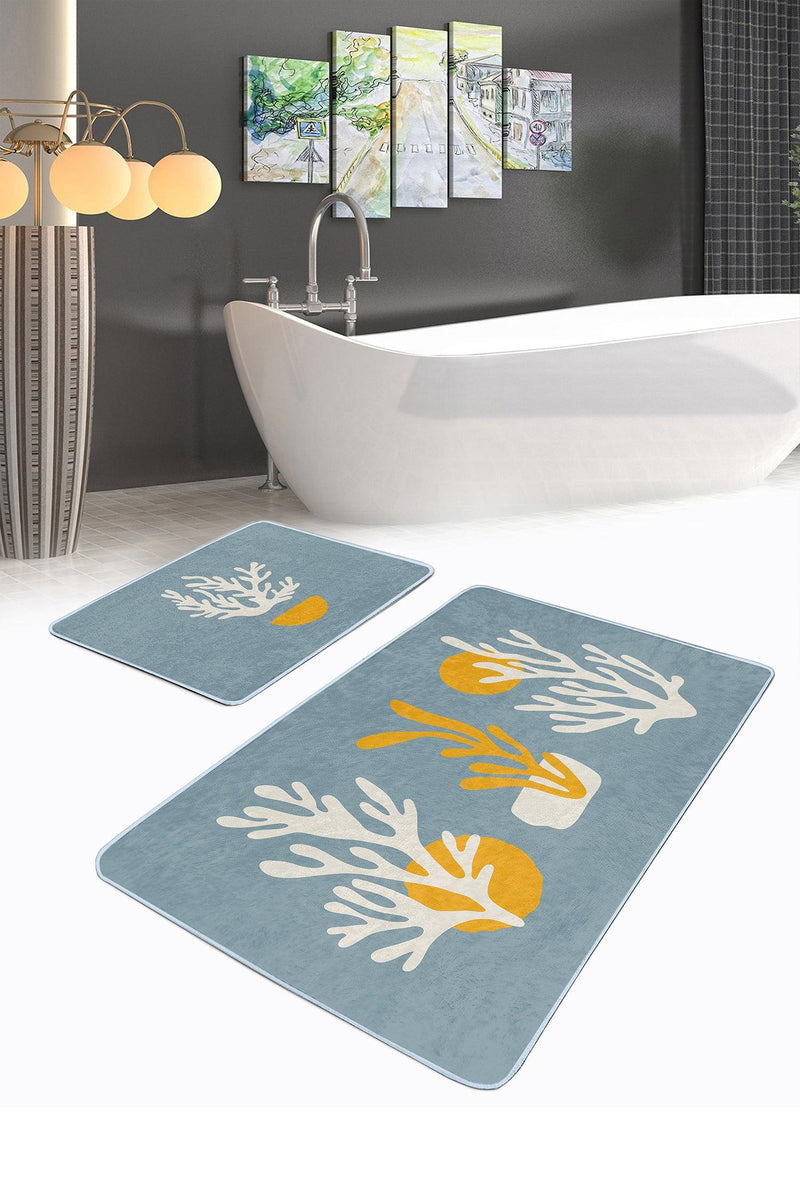 Mavi Zeminli Yosun Tasarımlı 2li Banyo Paspas ve Halısı Takımı Kaymaz Taban Yıkanabilir
