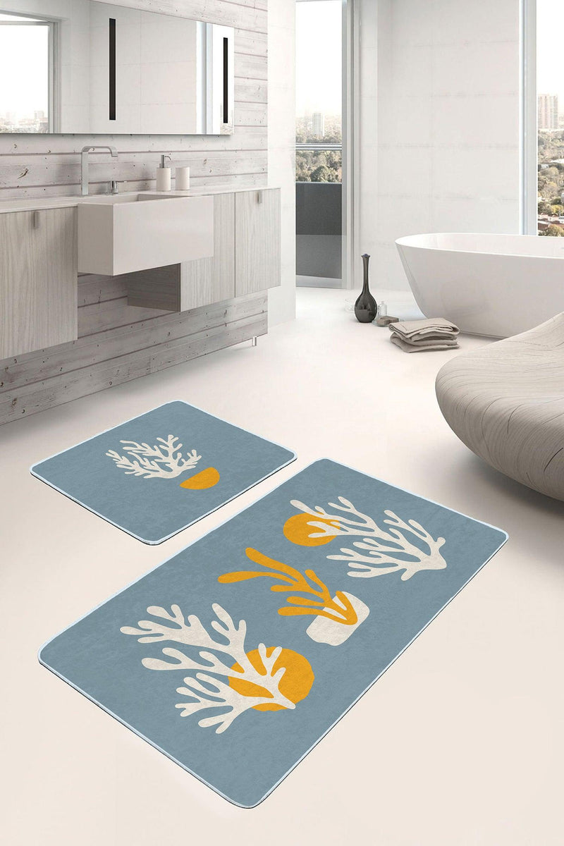 Mavi Zeminli Yosun Tasarımlı 2li Banyo Paspas ve Halısı Takımı Kaymaz Taban Yıkanabilir