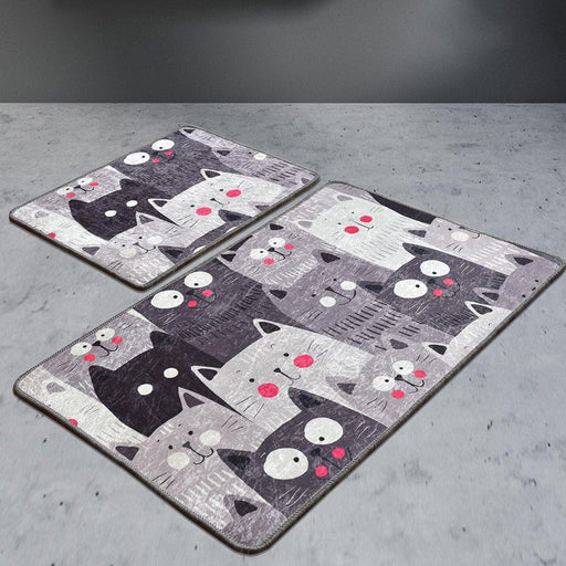 Meow Gri 2li Set Dijital Baskılı Banyo Halısı, Kaymaz Taban, Yıkanabilir Bonvagon