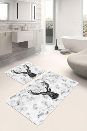 Mermer Zemin Siyah Geyik Özel Tasarımlı 2li Banyo Halısı Takımı Kaymaz Taban Yıkanabilir Bonvagon