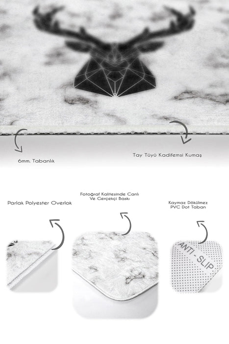 Mermer Zemin Siyah Geyik Özel Tasarımlı 2li Banyo Halısı Takımı Kaymaz Taban Yıkanabilir Bonvagon