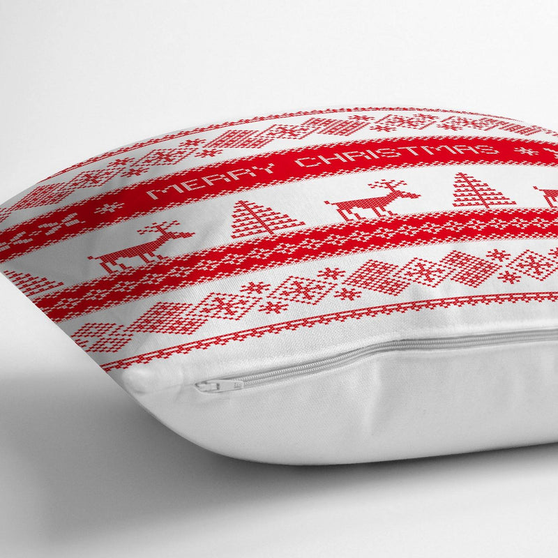 Merry Christmas Kanaviçe Görünümlü Geyikler Baskılı Yastık Kırlent Kılıfı 43x43cm Bonvagon