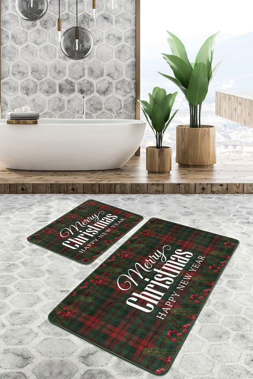 Mery Christmas Temalı Ekose Zeminli Özel Tasarım 2li Banyo Halısı Takımı Kaymaz Taban Yıkanabilir Bonvagon