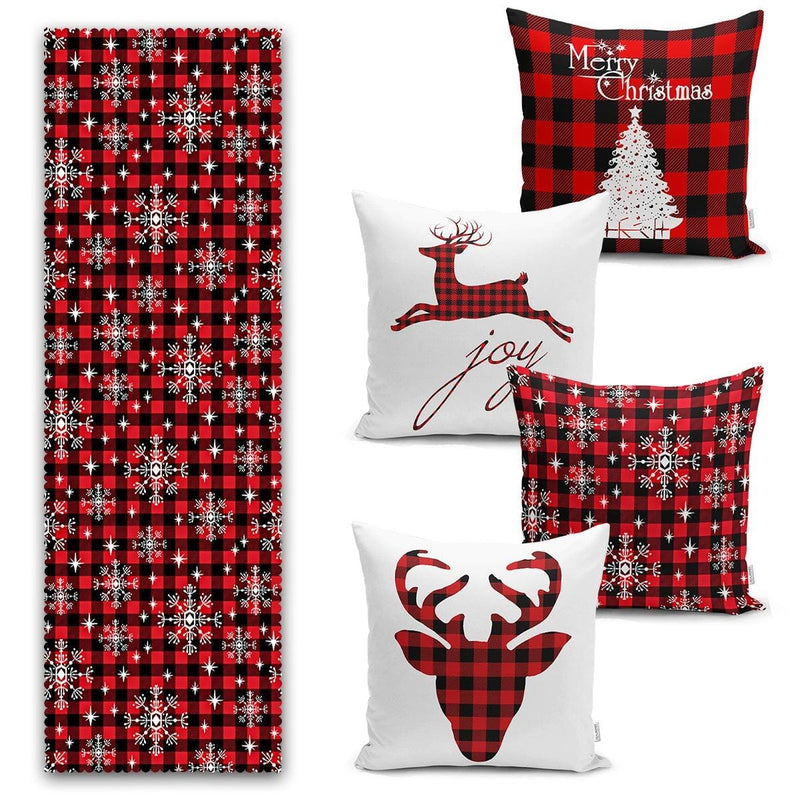 Mery Christmas Yılbaşı Tasarımlı 4 Kırlent Kılıfı ve 1 Runner Seti Bonvagon