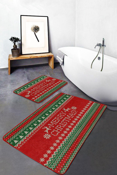 Mery Christmas Yılbaşı Temalı Özel Tasarım 2li Banyo Halısı Takımı Kaymaz Taban Yıkanabilir Bonvagon