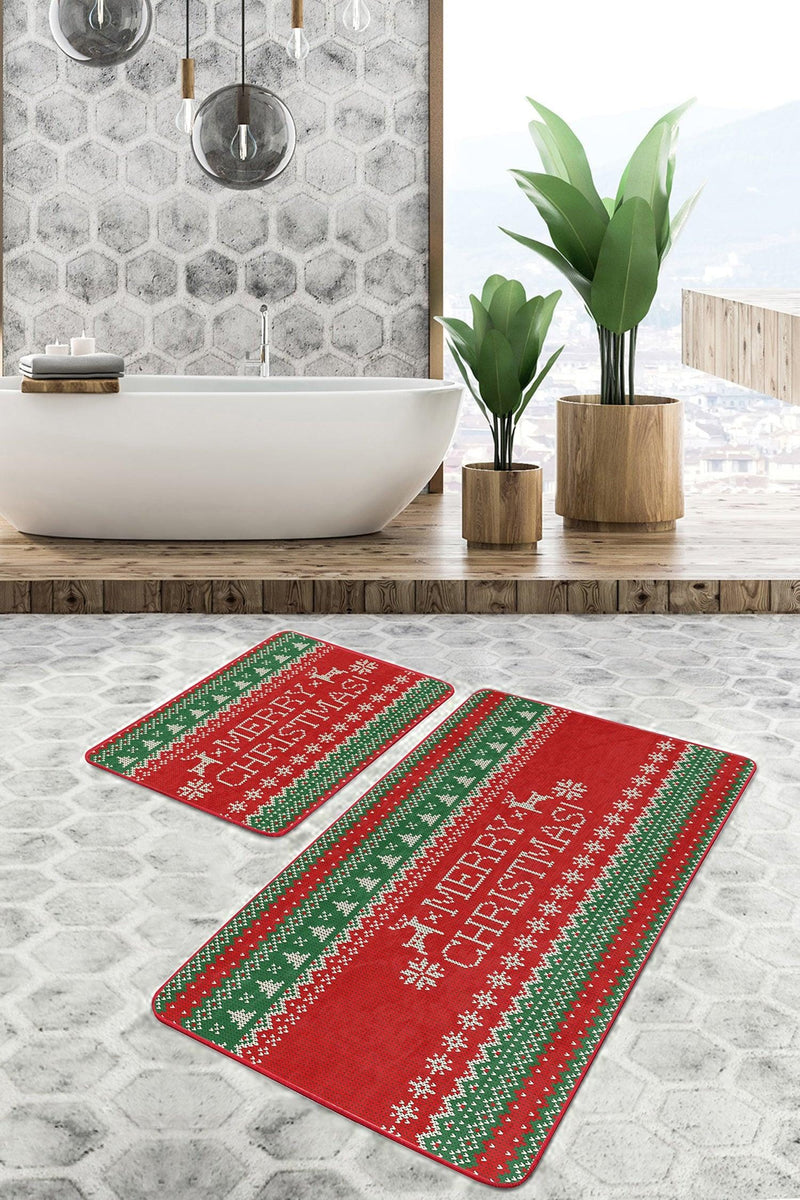 Mery Christmas Yılbaşı Temalı Özel Tasarım 2li Banyo Paspas ve Halısı Takımı Kaymaz Taban Yıkanabilir