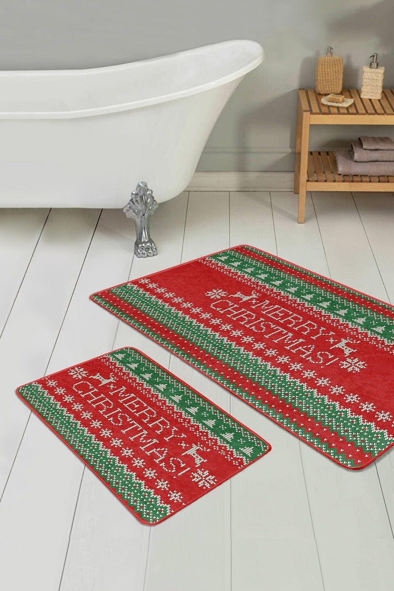 Mery Christmas Yılbaşı Temalı Özel Tasarım 2li Banyo Paspas ve Halısı Takımı Kaymaz Taban Yıkanabilir