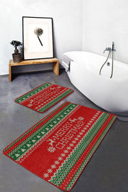Mery Christmas Yılbaşı Temalı Özel Tasarım 2li Banyo Paspas ve Halısı Takımı Kaymaz Taban Yıkanabilir