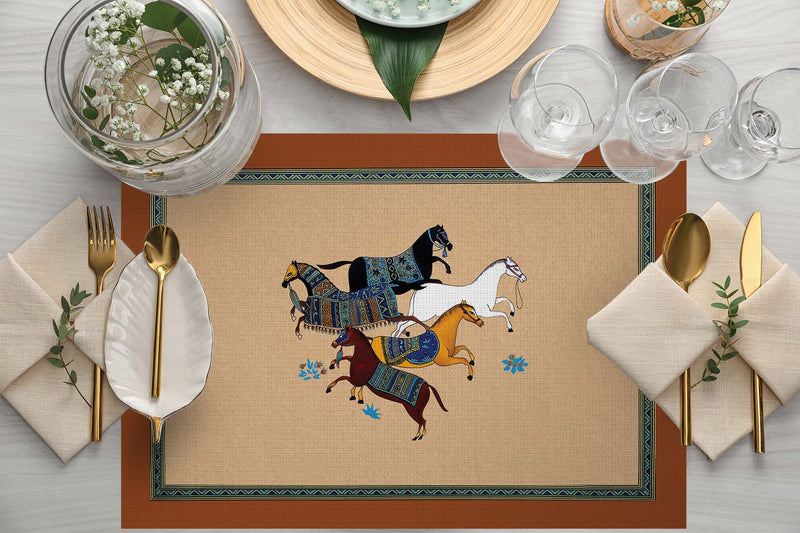 Miniature Horses 4lü İnce Keten Kumaş Amerikan Servisi 50x35cm