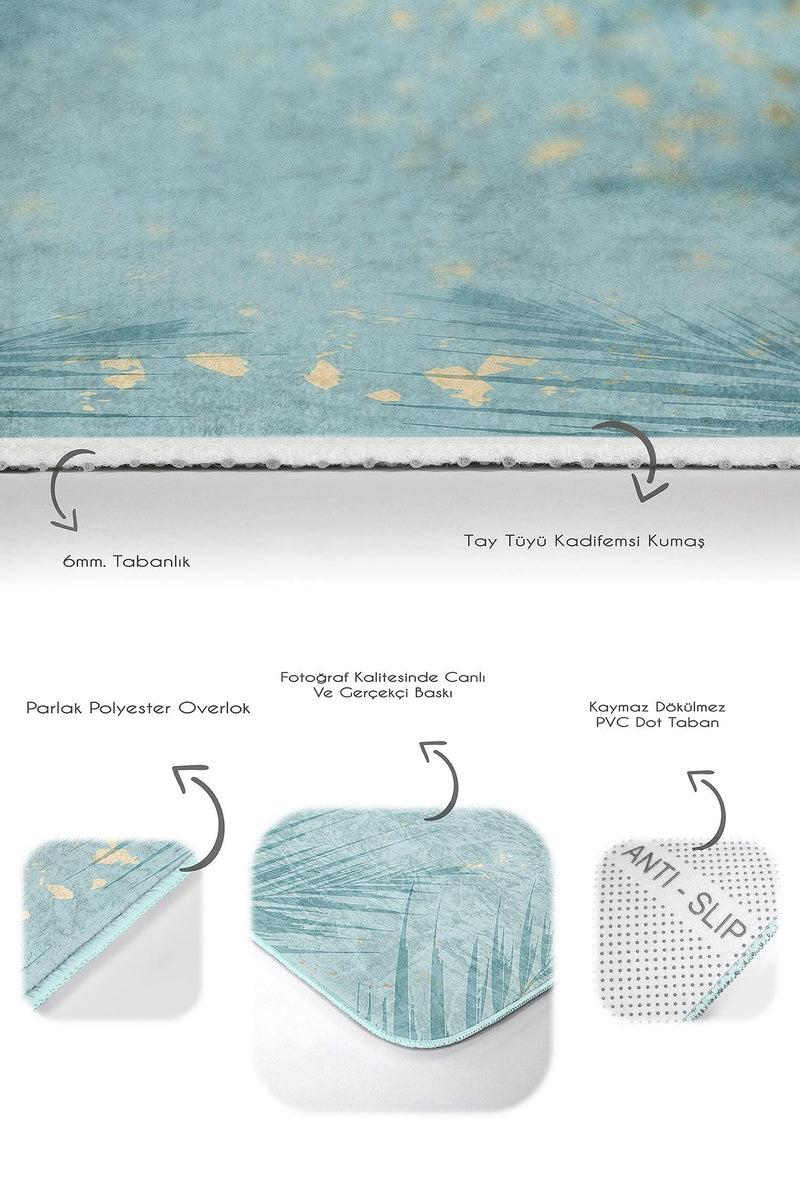 Mint Yeşili Temalı Yaprak Desenli 2li Banyo Halısı Takımı Kaymaz Taban Yıkanabilir Bonvagon