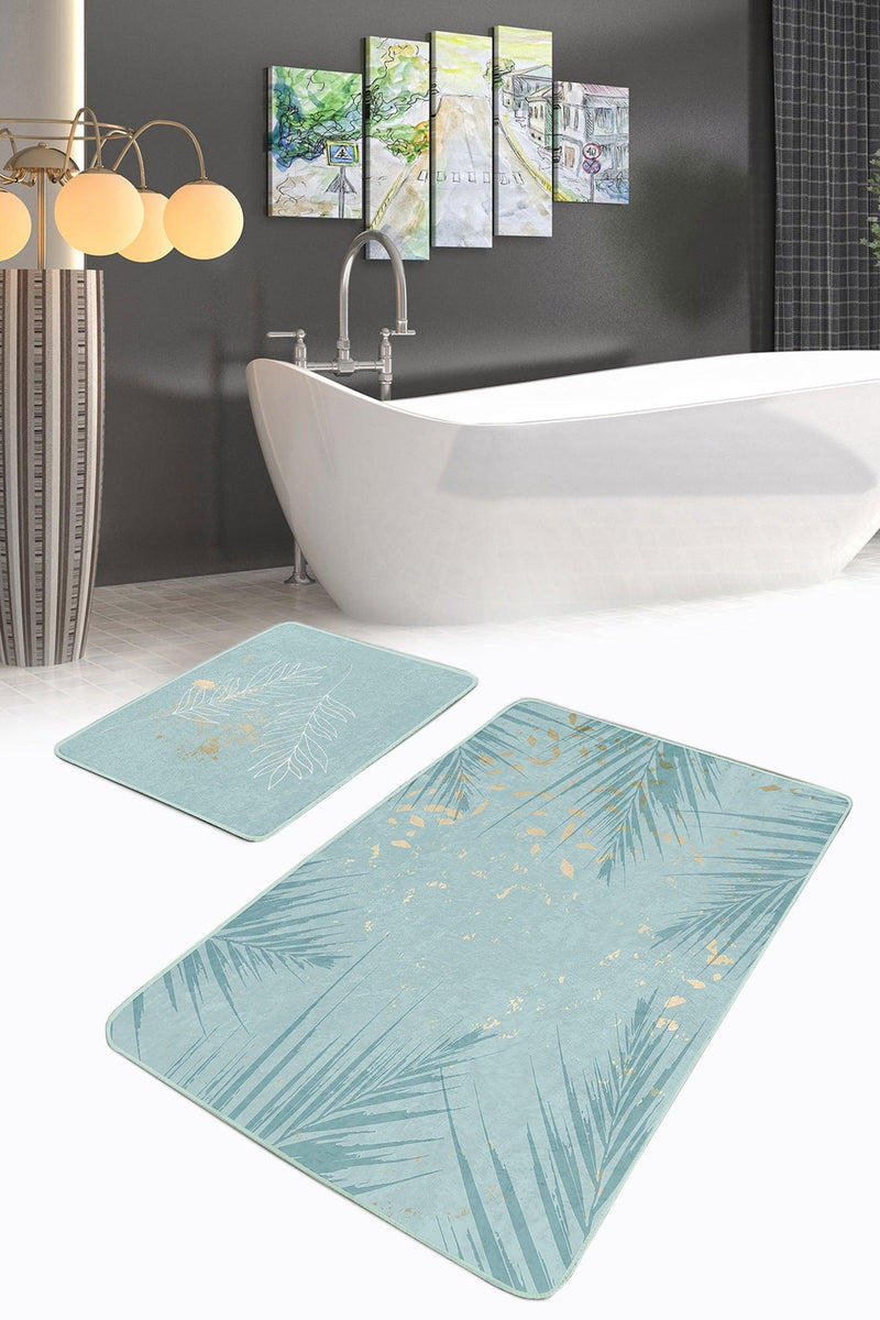 Mint Yeşili Temalı Yaprak Desenli 2li Banyo Paspas ve Halısı Takımı Kaymaz Taban Yıkanabilir
