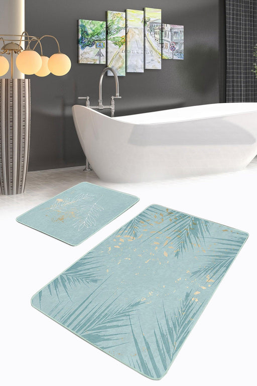 Mint Yeşili Temalı Yaprak Desenli 2li Banyo Paspas ve Halısı Takımı Kaymaz Taban Yıkanabilir